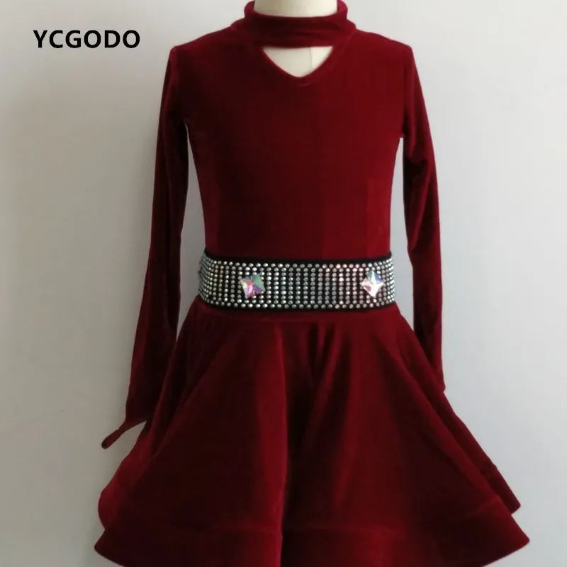 Girl Latin Dance Dress velvet wine royal blue black diamond Kid Fitness Children Samba Chacha Rumba stage Dancing Skirts | Тематическая