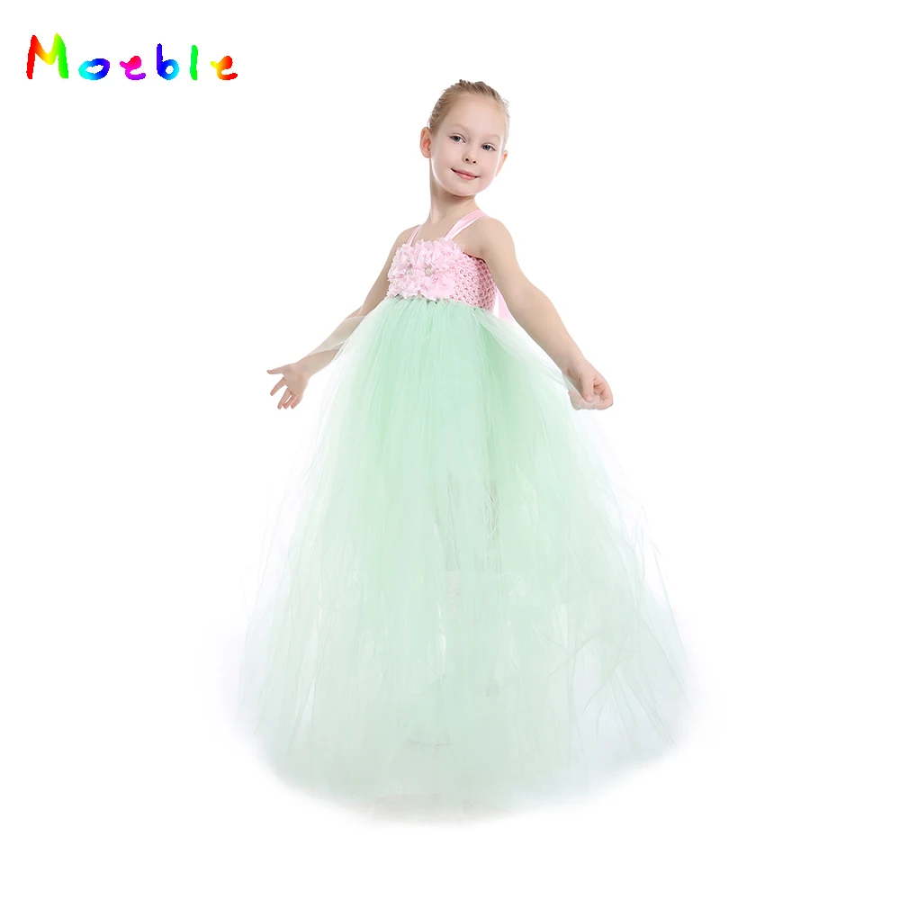 

Moeble Green pink Flower Girls tutu Dresses Ankle-length Tulle Ball Gown Bridesmaid Wedding Party Dresses baby Kids Vestidos
