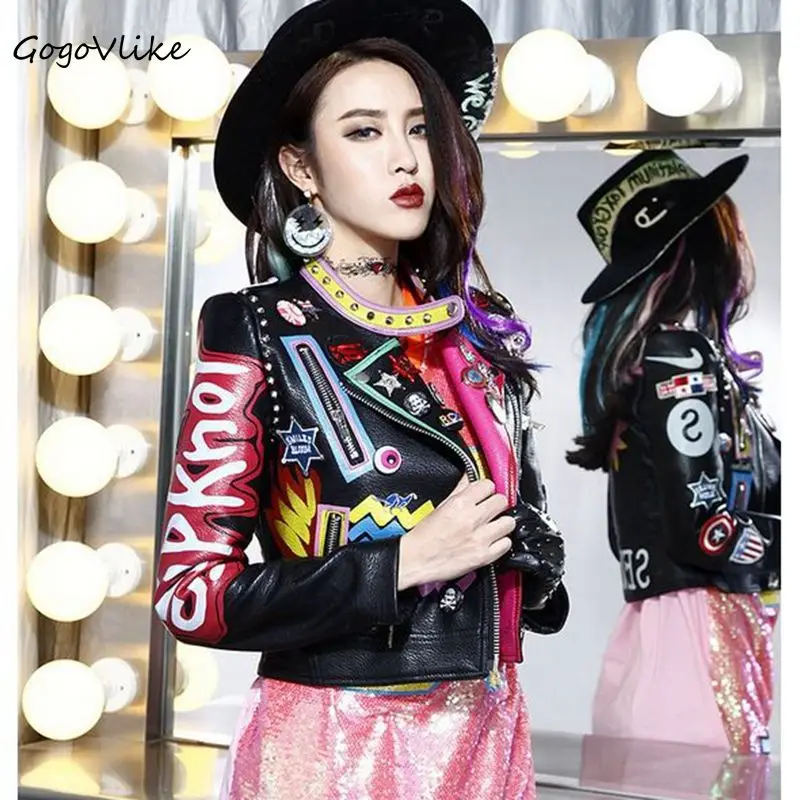 Куртка женская из экокожи с принтом в стиле панк и граффити|letter jacket|coats coatsjacket rivet |