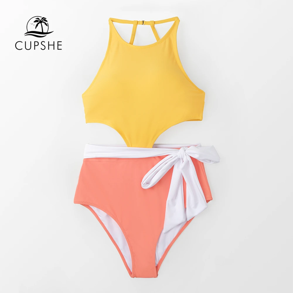 Желтый и розовый слитный купальник CUPSHE женский сексуальный Монокини с бантом
