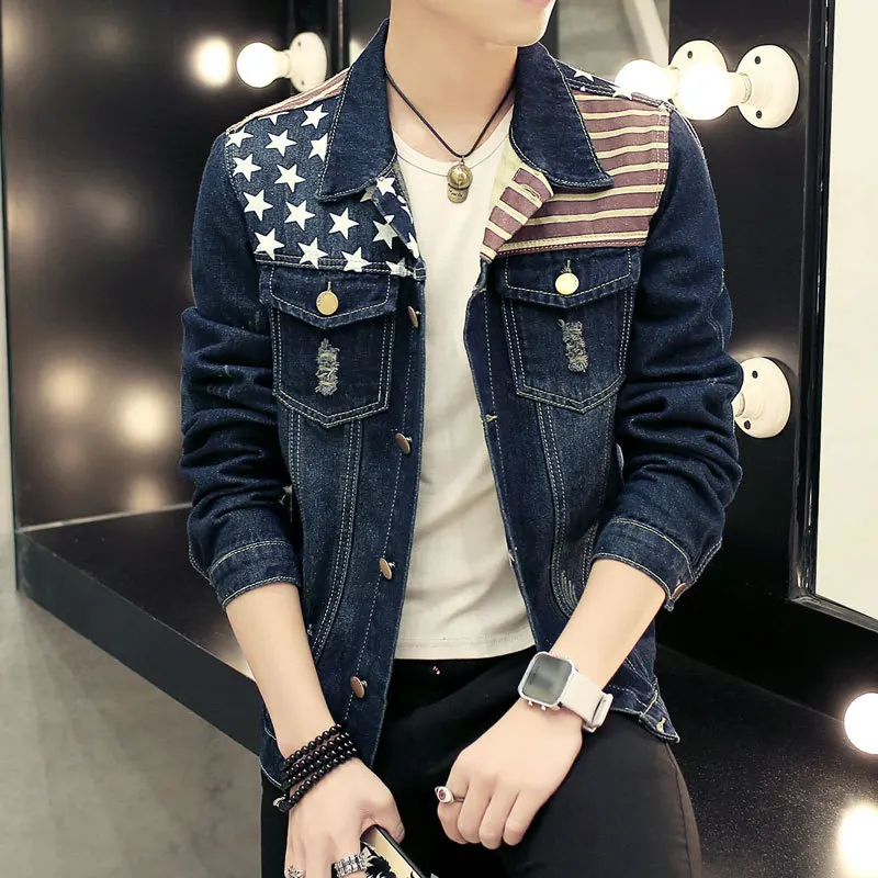 2017 мужские джинсовые куртки с рисунком флага Дизайн бренд Повседневное