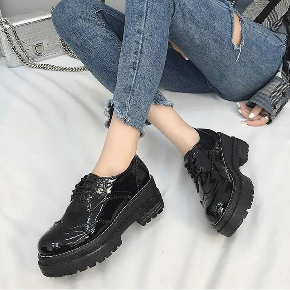 

European muffin women small shoes female British wind 2019 autumn new Korean black thick platform college womens shoes