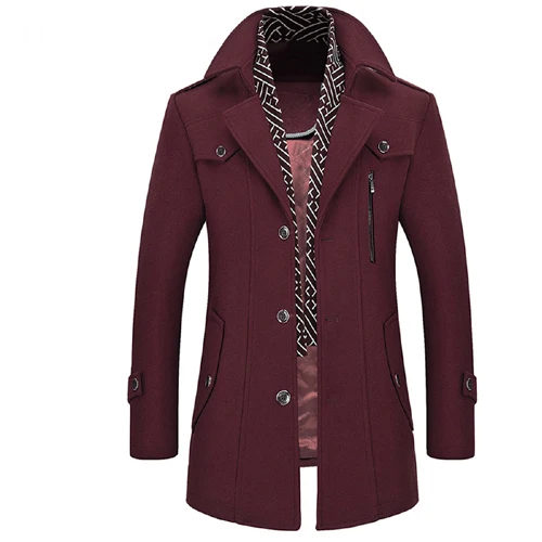 Holyrising Men Coat Wool Overcoat Turn Collar Warm Jackets Woolen Men Coats And Blends With Scarf Breathable Outwear 18423-5 - Цвет: Wine Red