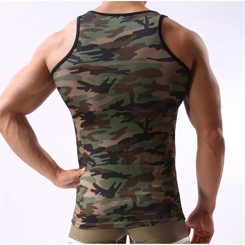 Men's Undershirt Mesh Breathable Underwear Sleevless Undershirt Summer O Neck Shirts Spandex Bodybuilding Camouflage Undershirts