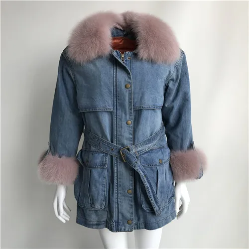 Dirty pink Новинка, модное пальто с воротником из натурального Лисьего меха, женская зимняя куртка, пуховое пальто, верхняя одежда, съемная джинсовая куртка, пальто из натурального меха - Цвет: Dirty pink
