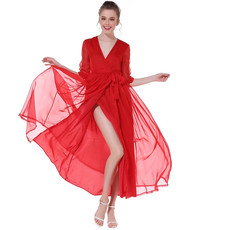 Красное летнее шифоновое платье для женщин 2018 винтажное открытое раздельное