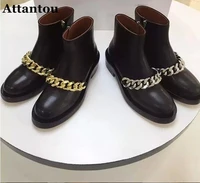 attantou fashion women black real leather boots lady chains boots autumn winter female high top height increasing boots