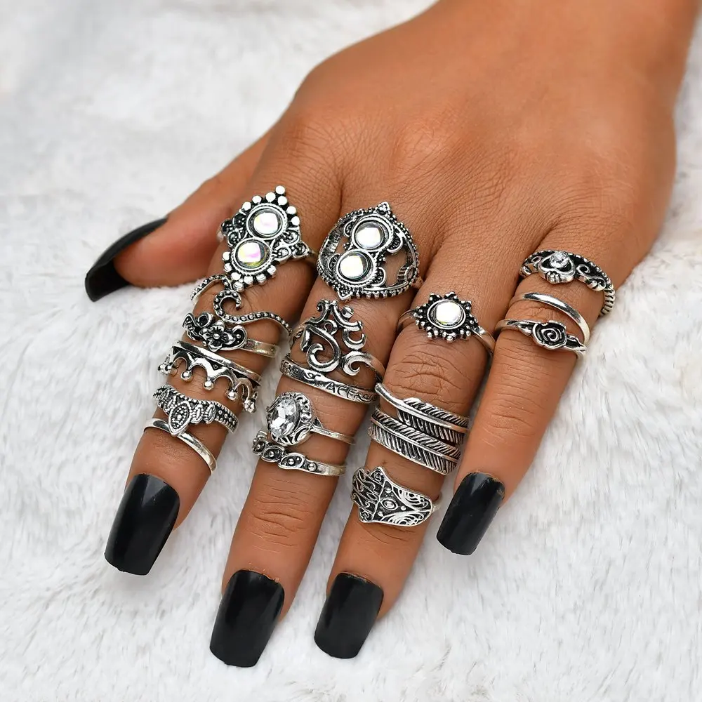 Модный винтажный комплект колец 15 шт./компл. женские серебристые кольца средней