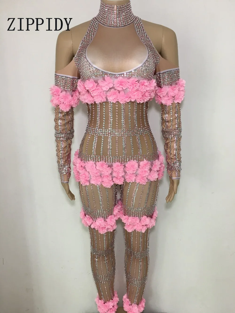 MOMO 2018-6-19 17:05:40 Pink Flowers Rhinestones Jumpsuit Spandex Big Stretch Bodysuit Costume Women's Outfit Stage We