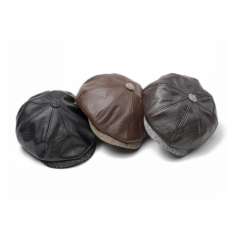 Autumn berets caps winter warm hats for man grandpa PU material