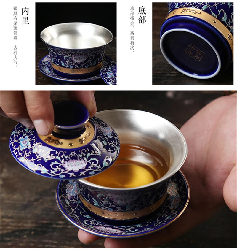 Серебряная фарфоровая чаша Gaiwan, Набор чашек ручной работы, пион, цветок лотоса, керамическая супница, китайский чайный сервиз Кунг-фу, чашка gaiwan, блюдце, крышка