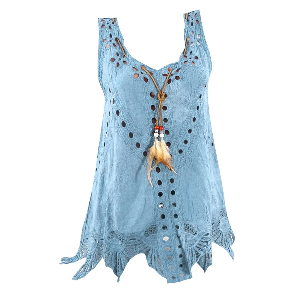 Light Blue Винтажная женская футболка Feitong, плюс размер, топ с круглым вырезом, вышивка, открытая, без рукавов, летние топы, разные цвета, верх размера d, рубашки, 5XL - Цвет: Light Blue