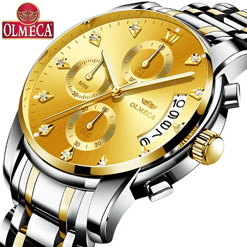 Silver Gold Для мужчин s часы лучший бренд класса люкс OLMECA часы Relogio Masculino 3ATM водонепроницаемые часы хронограф наручные часы Reloj Hombre для мужчин - Цвет: Silver Gold