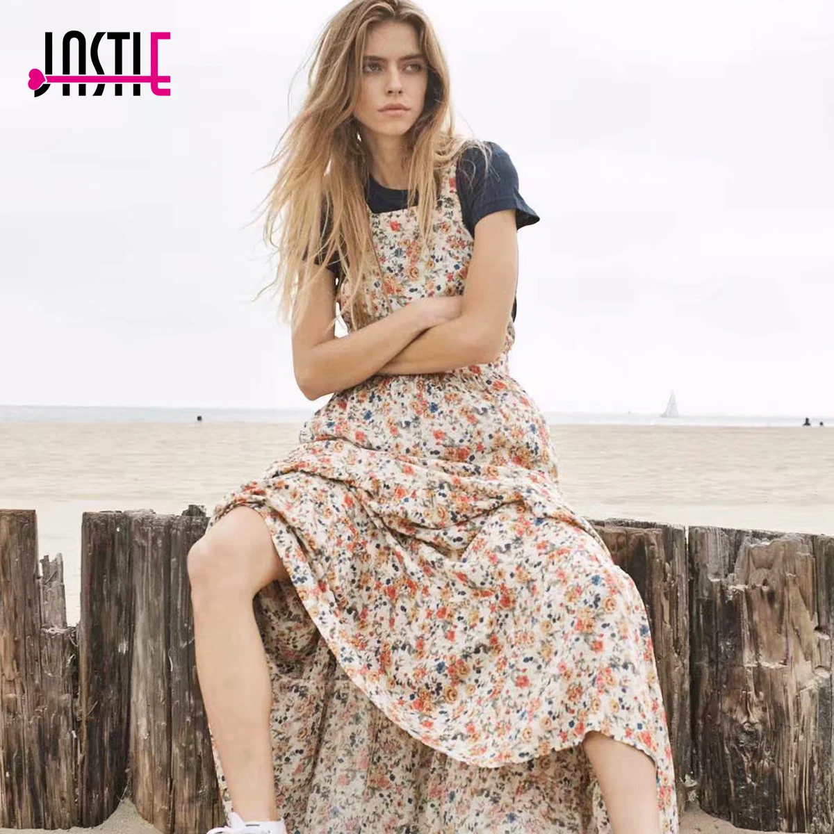 Jastie, винтажное платье с цветочным принтом, сексуальное, перекрещенное сзади, великолепное, макси платье, бохо, повседневное, Пляжное платье для женщин Vestidos