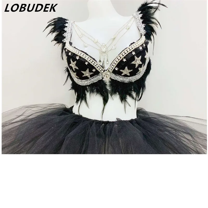 

shine crystals Black feather bra skirt sexy Shining female costumes Original costume for singer party singer dancer DJ DS show