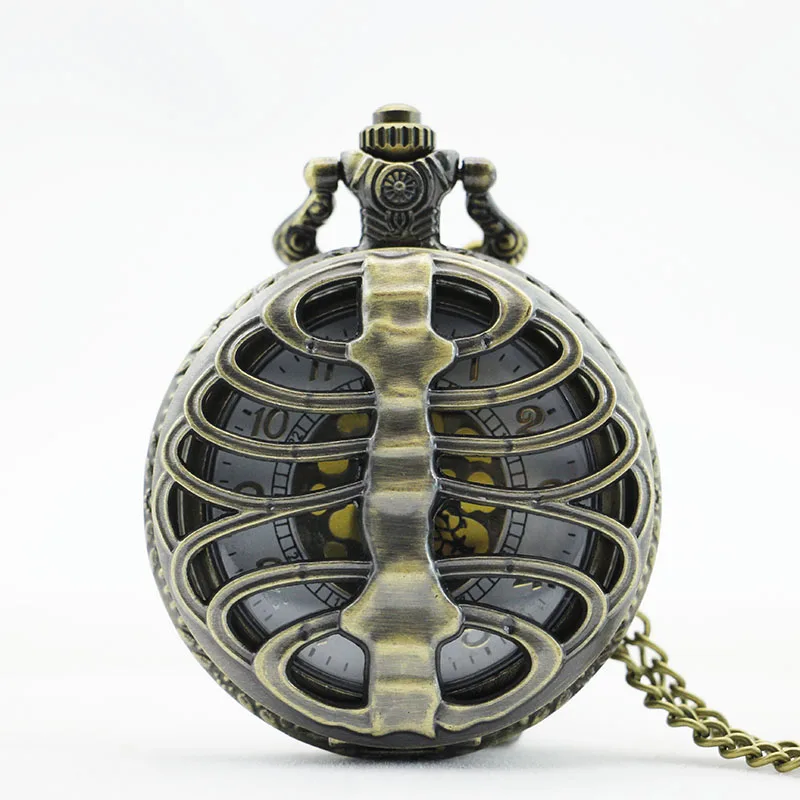 PB037 Ретро стимпанк Бронзовый позвоночник ребра полые кварцевые карманные часы