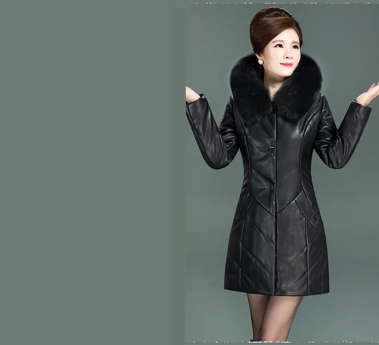 UHYTGF XL-6XL мода меховой воротник Кожаная куртка женская с капюшоном хлопка теплая зимняя верхняя одежда женский тонкий длинный Кожаная куртка s 117