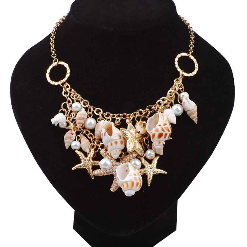Gold Necklace Лот Морская звезда морские серьги «Улитка» ожерелье браслет костюм жемчужная раковина двойной сотуар Шарм Раковины ракушка Серьги капли ювелирные наборы - Окраска металла: Gold Necklace