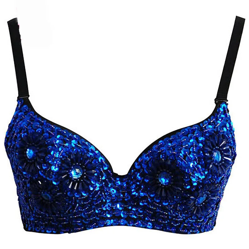 Dark Blue Золотые цветочные алмазные бусины с блестками роскошный сексуальный бюстгальтер пуш-ап с мягкой чашкой бюстгальтеры для женщин Клубная одежда Бюстгальтер для танцев - Цвет: Dark Blue