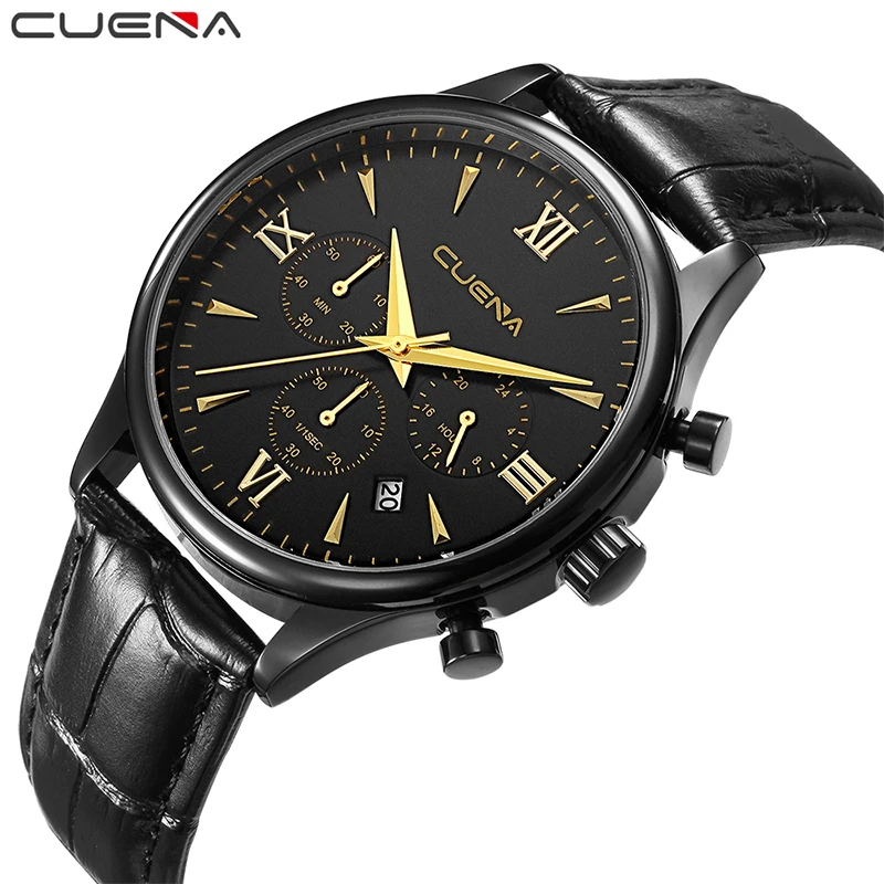 CUENA бренд для мужчин кварцевые часы мужской моды хронограф кожа Relojes Relogio Masculino