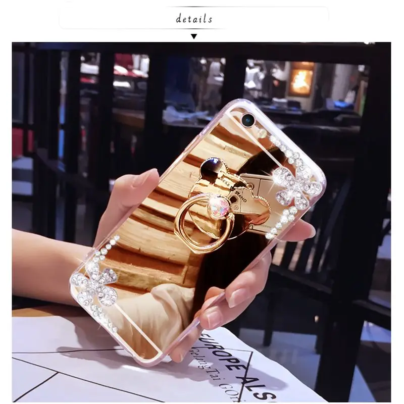 Зеркальный мягкий чехол со стразами и кольцом на палец для Samsung Galaxy s5 s6 s7 s8 s9 edge plus