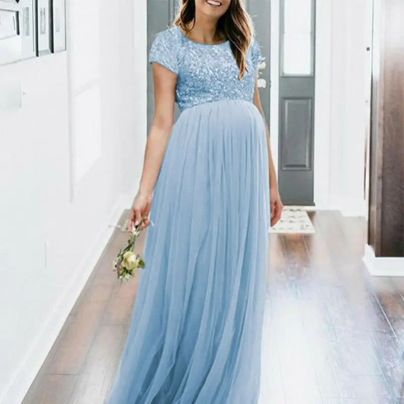 Light Blue Новые Женские однотонные Коктейльные Вечерние платья с блестками и сеткой для беременных - Цвет: Light Blue