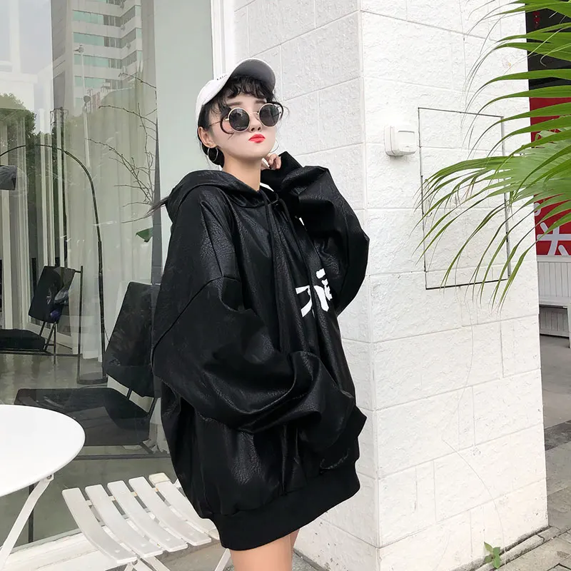 Neploe Harajuku повседневное пальто из искусственной кожи с капюшоном, пуловер с завязками, верхняя одежда, новинка, женская, мужская, черная, BT стильная куртка большого размера 53555