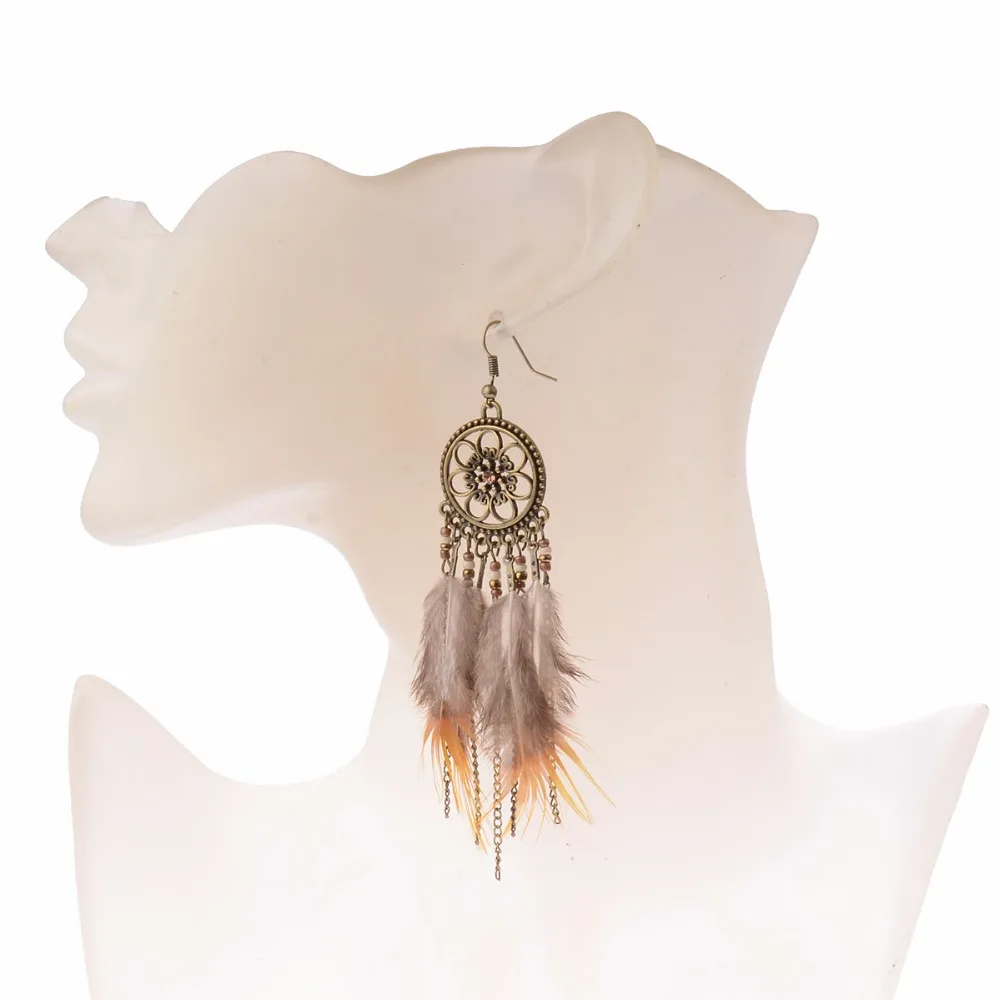 Amader Dreamcatcher Bronze Feather Chain Tassels Women Drop Earrings Bohemia Vintage Ethnic Earrings Feather Earrings HQE449 images - 6