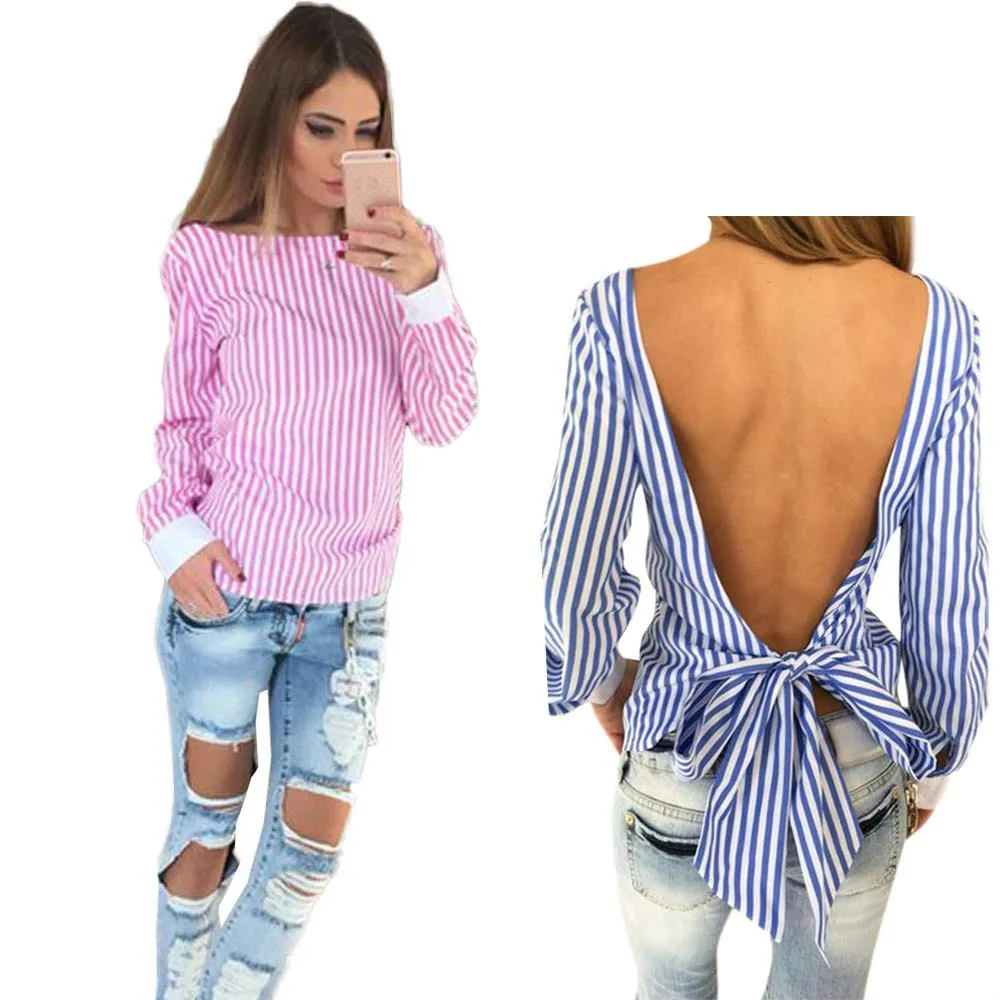 2017 Новый Дизайн Женщин Сексуальный Бантом Спинки Полосатый Рубашки С Длинным