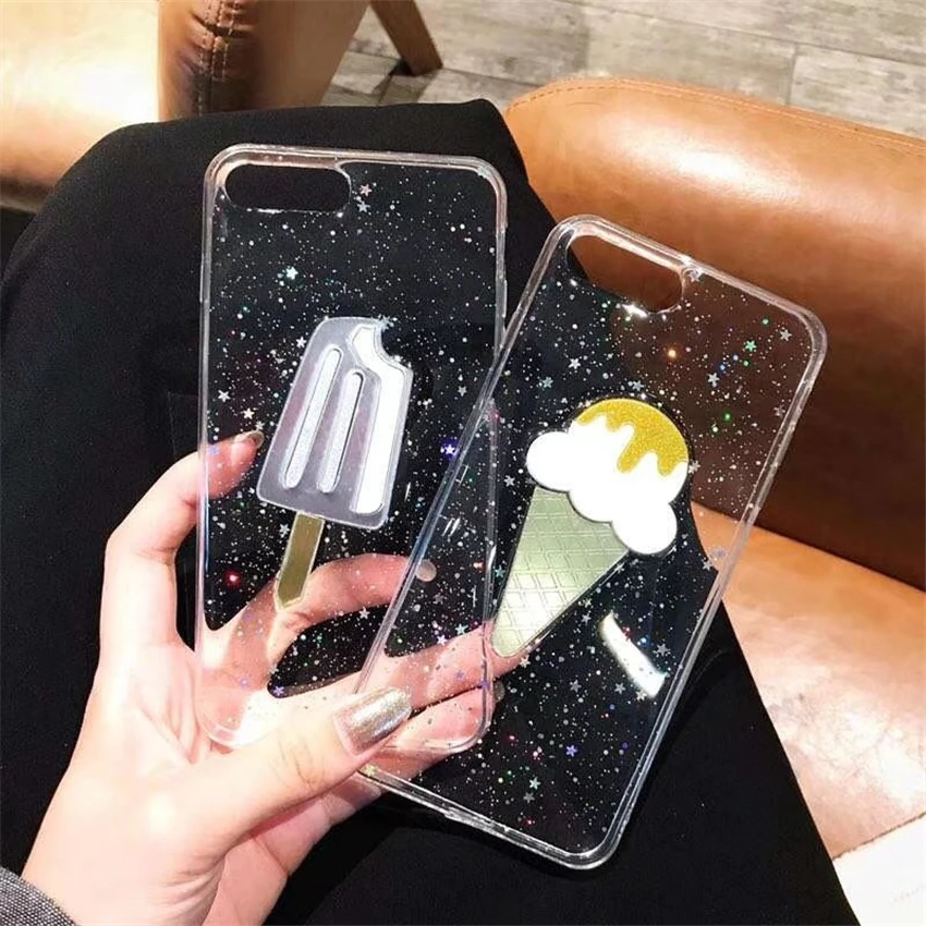Luxury Glitter Ice Cream Phone Cases For iPhone 6 6S Plus Transparent Soft TPU Back Cover 7 8 X Coque Funda |
