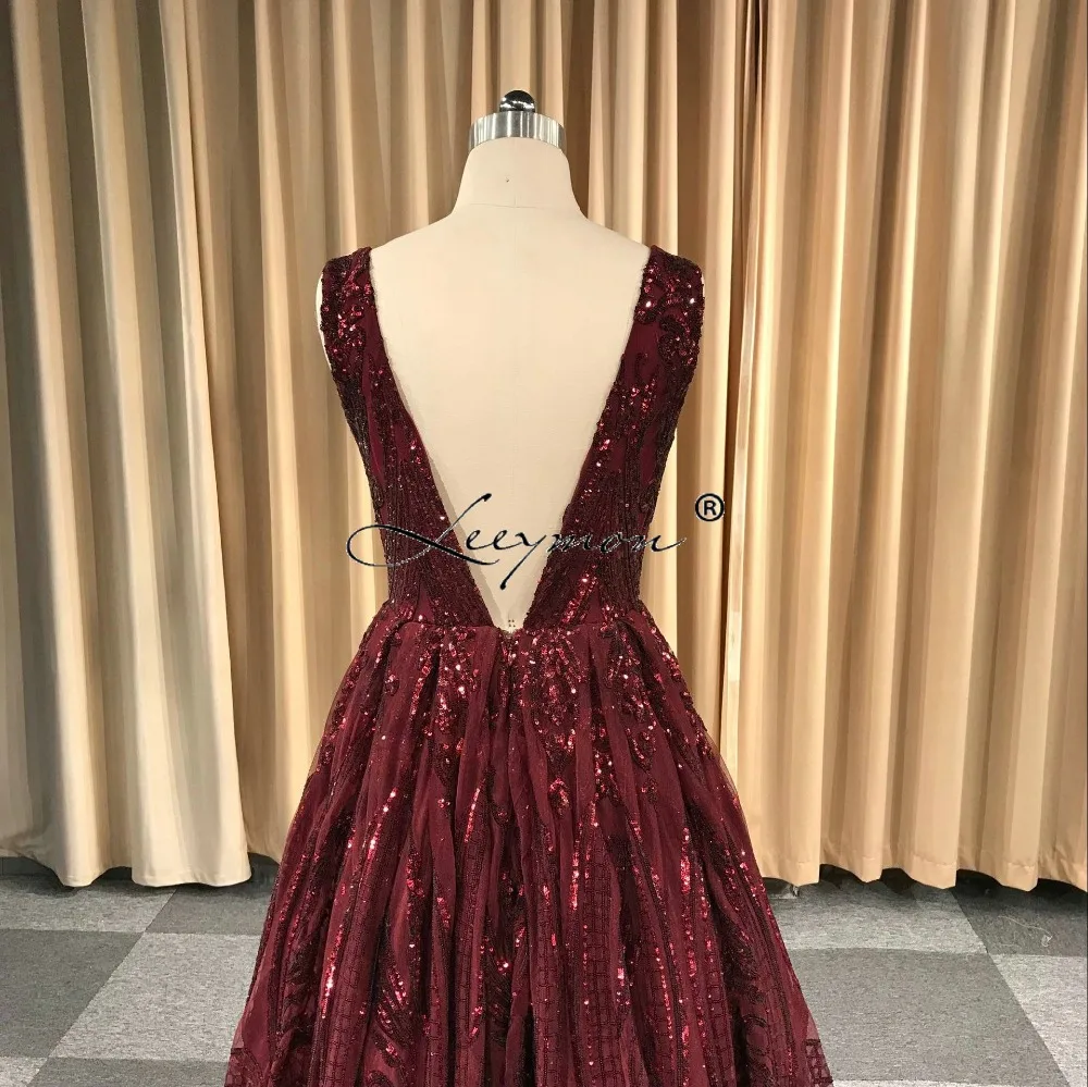 Leeymon2020   Free Shipping V-Neck Prom Dresses Sequins Lace Evening Party Dress A-Line Vestido De Festa Cheap Long Prom Dress