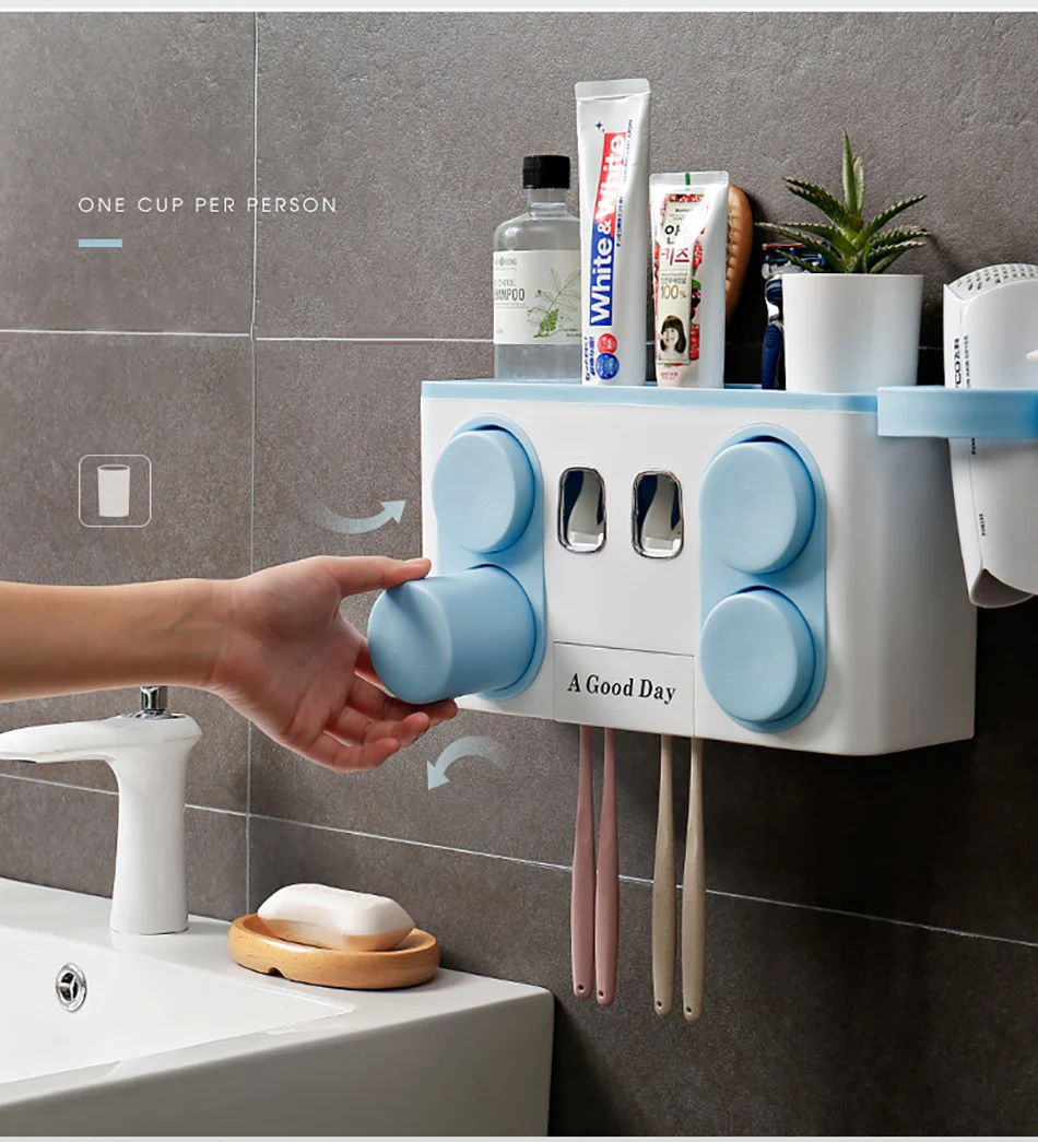 Wonderlife Bathroom Set Accessories Toothbrush Holder Automatic Toothpaste Dispenser Suction Cup Wall Mount Bathroom Storage Box