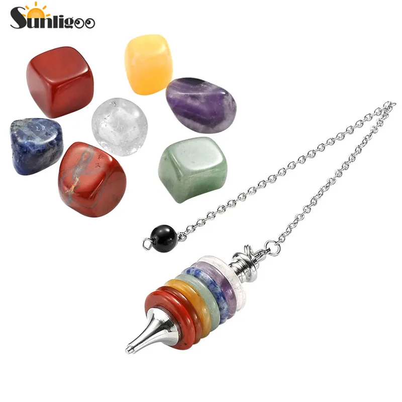 Sunligoo 7 Чакр Исцеляющие кристаллы Dowsing заостренный маятник символом чакры