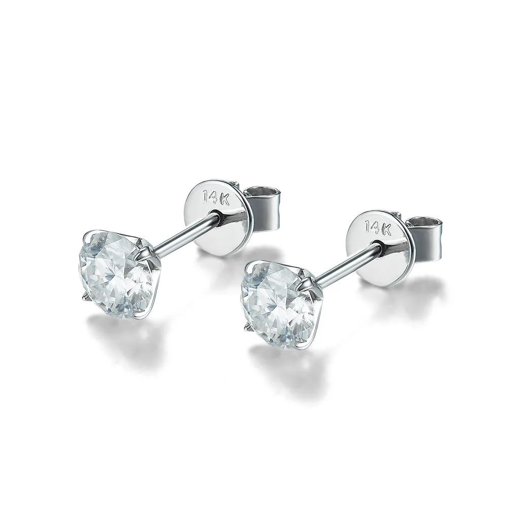 Solid 14K 585White Gold E F Color Round Moissanite Diamond Stud Earring Push Back For women Classic Ladies Earrings | Украшения и