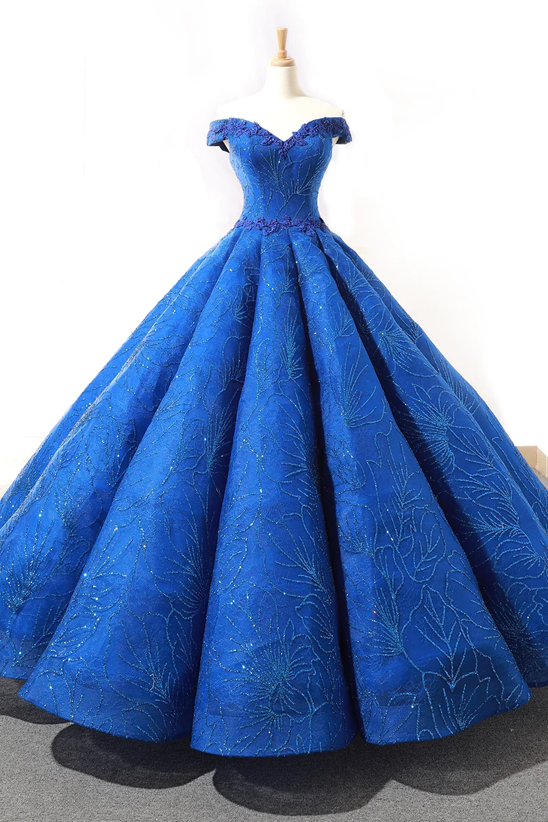

Royal Blue Off The Shoulder Wedding Dresses 2018 For Women Lace Up Floor Length Lace Pearls Ball Gowns Puffy Bridal Gowns