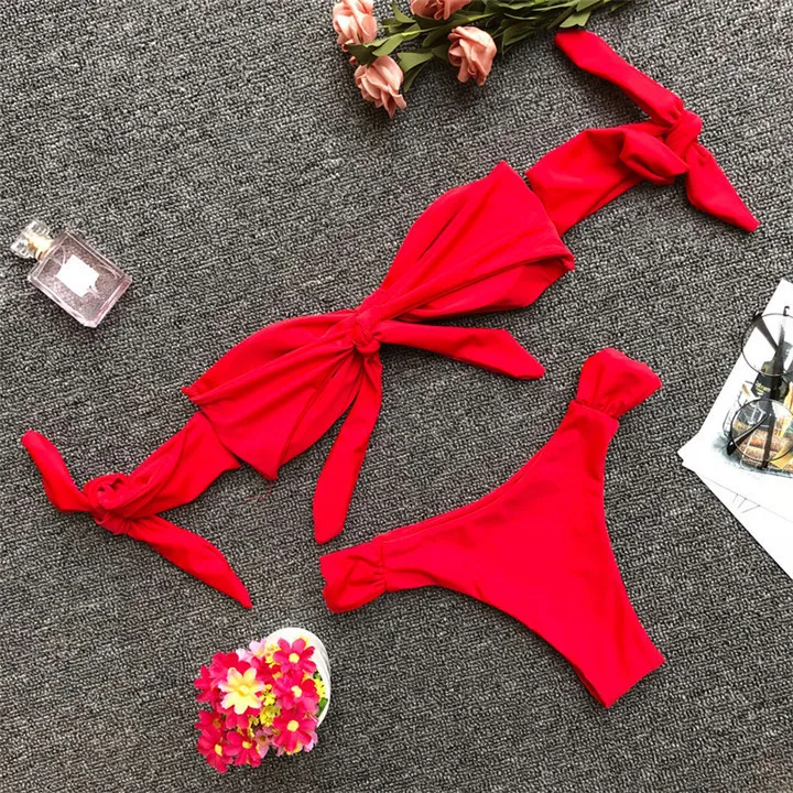 Новинка 2018 Женский комплект бикини с короткими рукавами бантиком однотонный пуш