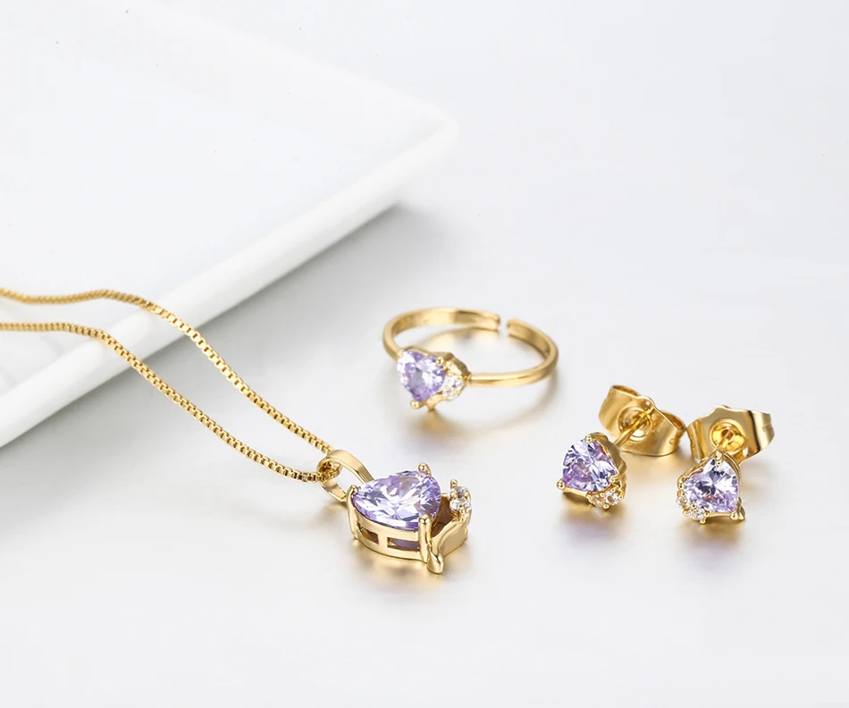 Подвеска в виде сердца фиолетового цвета кубический циркон ожерелье серьги