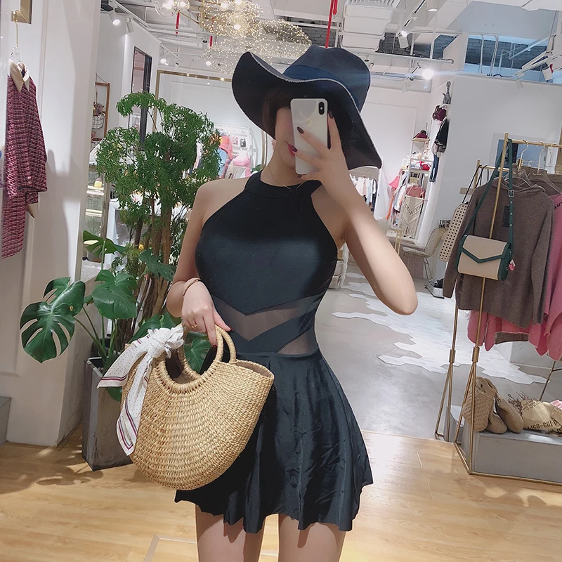 

Sexy Black Mesh One Piece Swimsuit 2019 New Swimwear Halter Women Swimsuit Red Bathing Suits Beach Wear Skirt with boxer