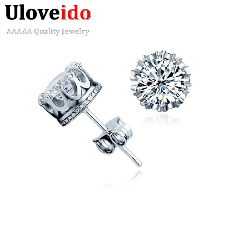 Женские серьги гвоздики Uloveido с короной из кубического циркония серебряные