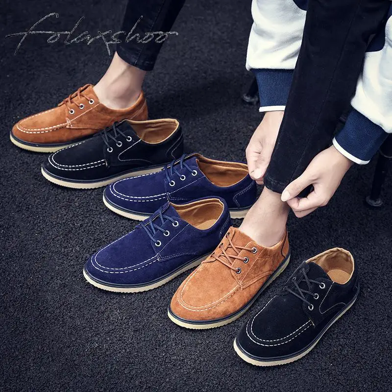 Folaxshoo Lace-up Spring Autumn Man Shoes Leather Men Casual Breathable Suede Mocasines Hombre Chaussure Hommes | Обувь