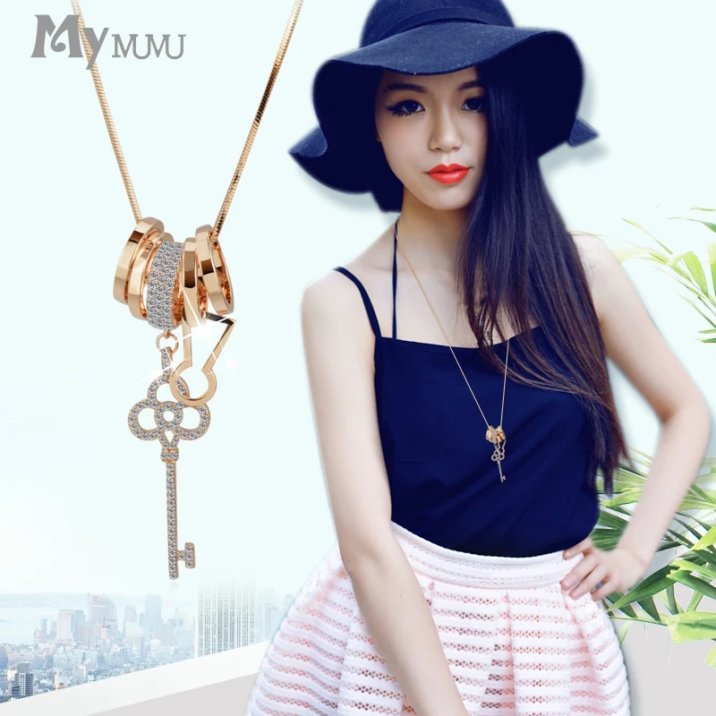 Mymmu Key Shape Crystal Circle Round Pendant Chain Long Necklaces Fashion Jewelry Women Sweater Necklace Wearing Accessories | Украшения и