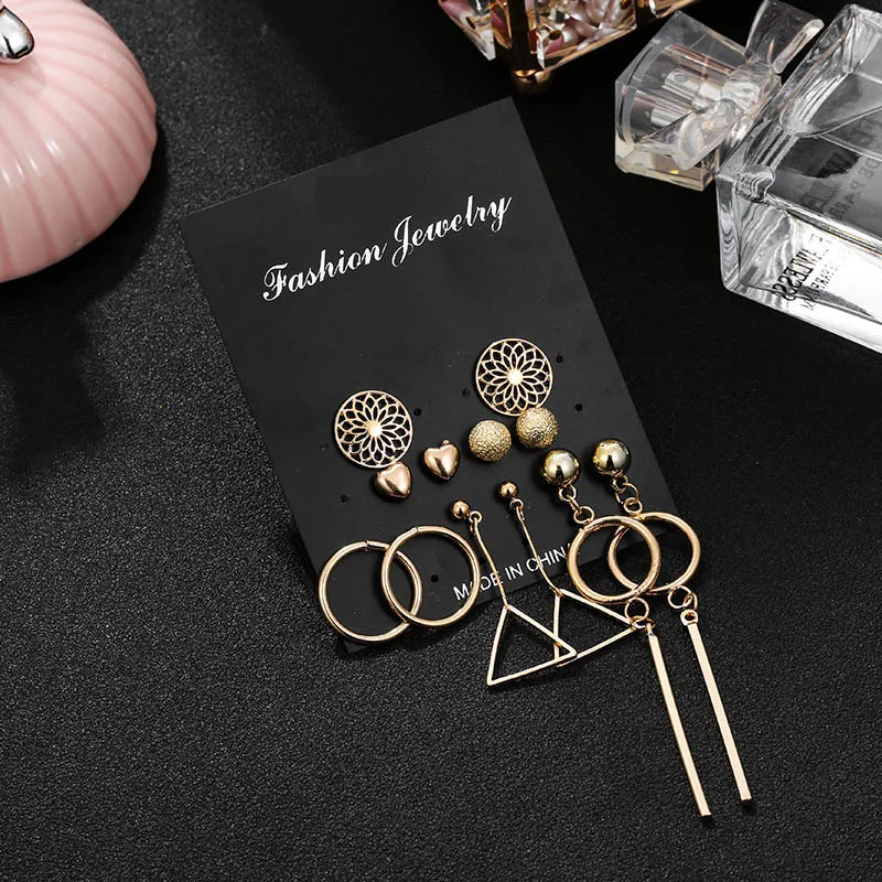 punk golden metal geometric round triangle hanging dangle earrings fashion hollow carved flower heart set for women | Украшения и
