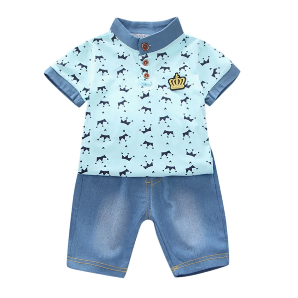 Blue Toddler Boy Clothes Summer Crown T Shirt+ Denim Shorts Pants Sets Outfits Children Baby Clothing For Boys 1 2 3 4 5 Years - Цвет: Blue