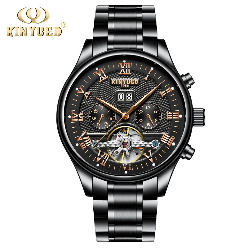 KINYUED Band элегантные черные мужские часы Tourbillon механические наручные из