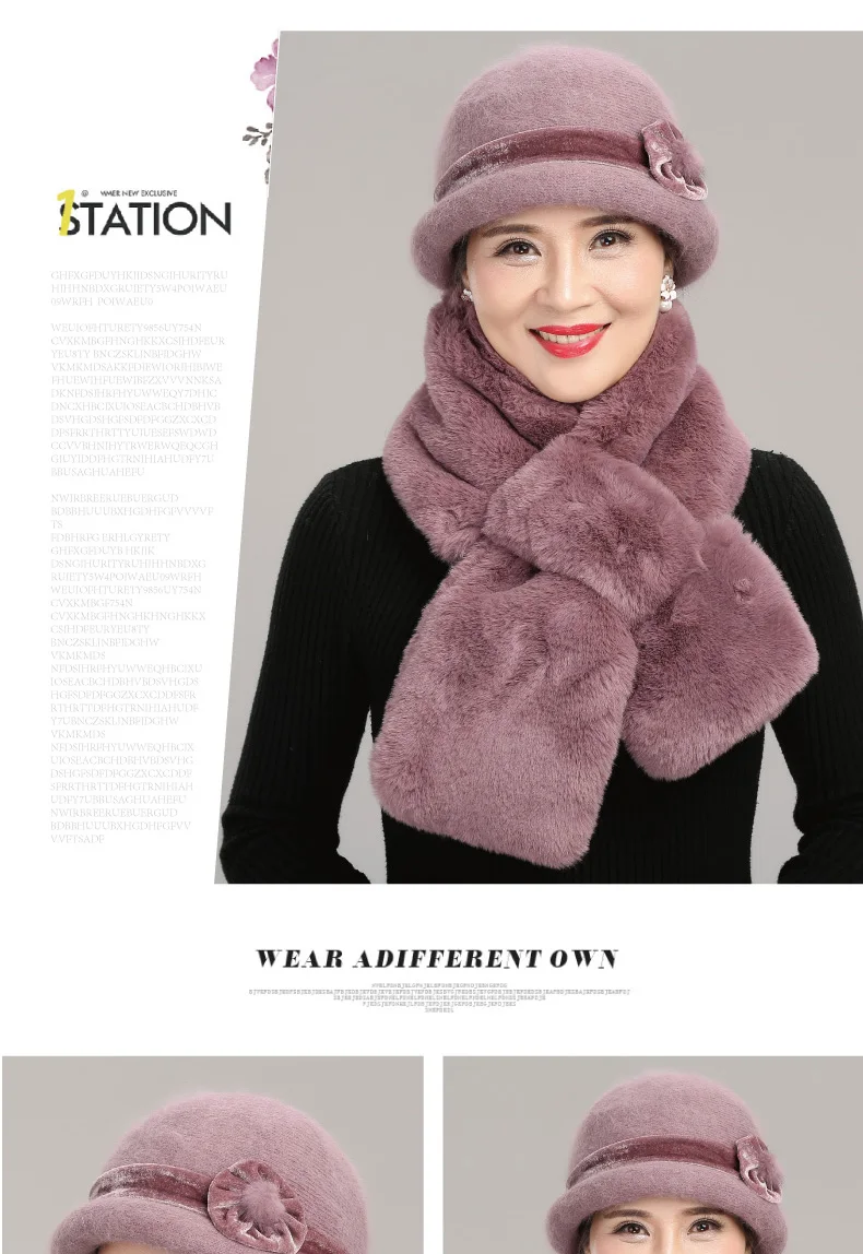 Women Winter Knitted Wool Basin Hat Female Thickened Warm Fisherman Cap Lady Velvet Elegant Scarf for Middle-aged Mother H7158