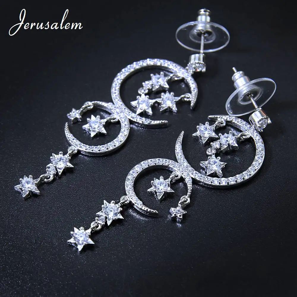 Кристалл Висячие серьги Свадебные Элегантные Moon Star долго мотаться Роскошные