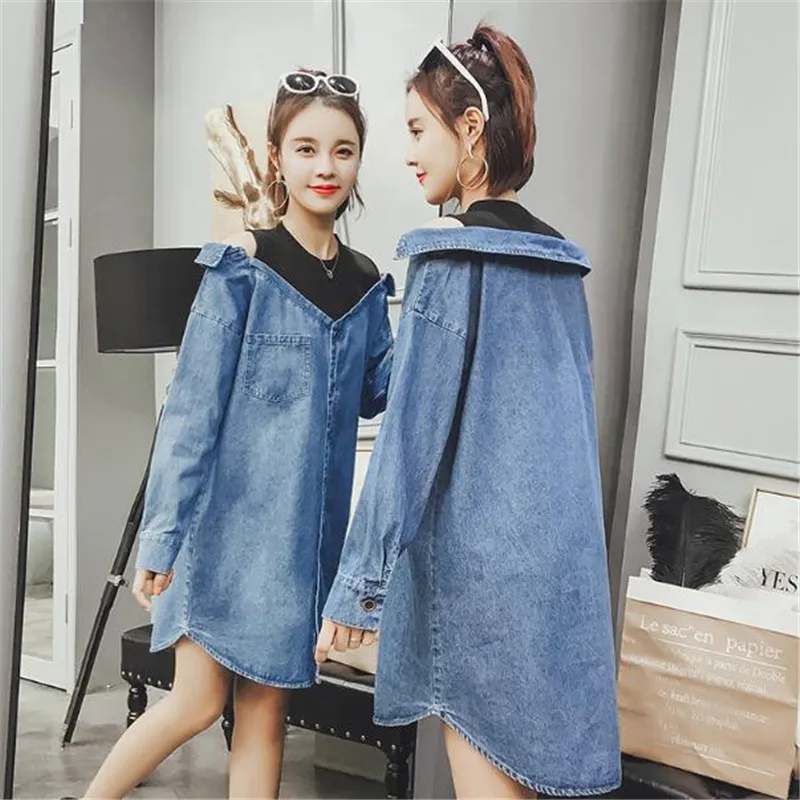 

2018 New Plus Size Women Tops Dress Long Sleeve Loose Cowboy Shirt Dress Spring Autumn Female Splicing Vestido A0301