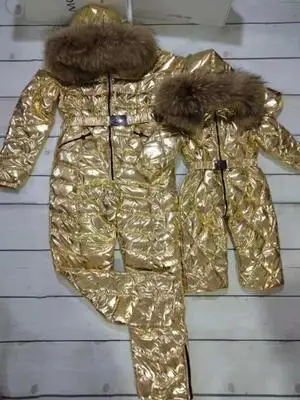 gold Подгонянный супер Настоящий мех зимний комбинезон для женщин белый утиный пух куртки Женский лыжный костюм пуховик верхняя одежда - Цвет: gold