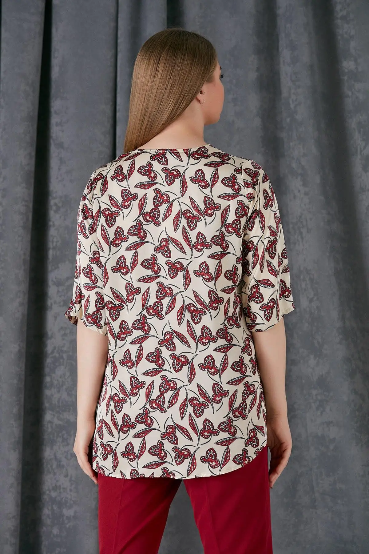 RMG женская бордовая блузка с воротником на молнии цветочным принтом 6538 |Блузки| |