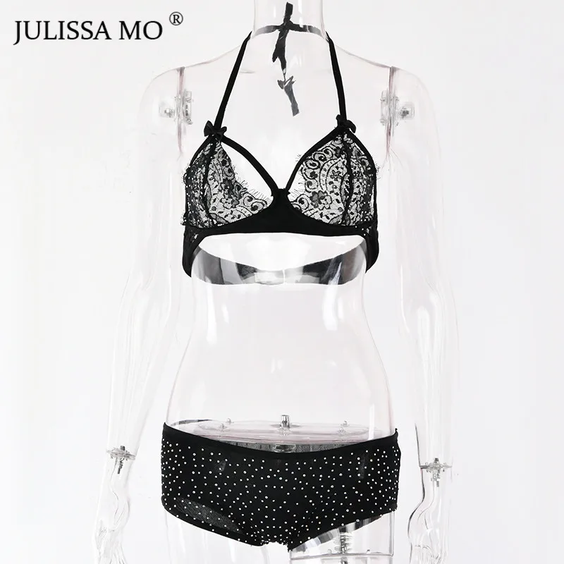 Julissa mo, 2 предмета, расшитое блестками, кружевное сексуальное боди, Женский комплект, v-образный вырез, бюстгальтер, укороченный топ, высокая талия, шорты,, комбинезон для женщин, s комбинезон
